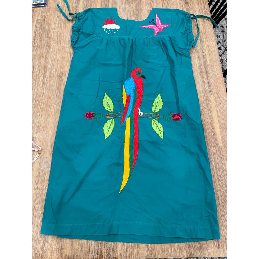 VINTAGE EMBROIDERED UNIQUE DRESS COLORFUL WITH BUTTERFLY BIRD CLOUDS LINEN